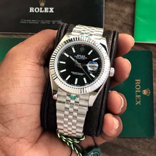 Rolex Datejust 41  Silver & Steel Fluted Jubilee Black Dial Swiss Semi ETA 3235 Movement