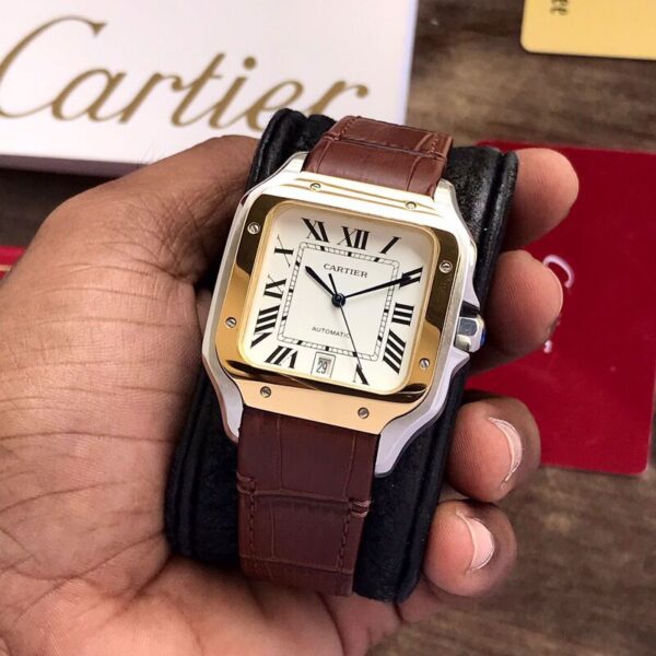 Cartier Santos De Automatic Brown Leather Strap Mens Automatic Watch