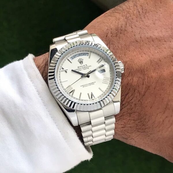 Rolex Day Date 41 Stainless Steel White Dial Japanese Master Quality Mens Watch - Image 4