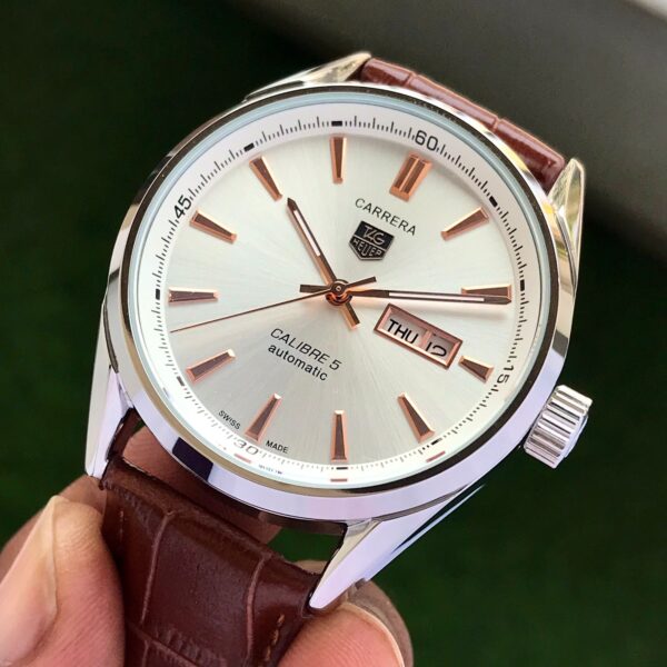 Tag Heuer Grand Carrera Calibre 5 Day Date White Copper Dial & Brown Leather Strap Swiss Japanese Automatic Machinery Mens Watch - Image 5