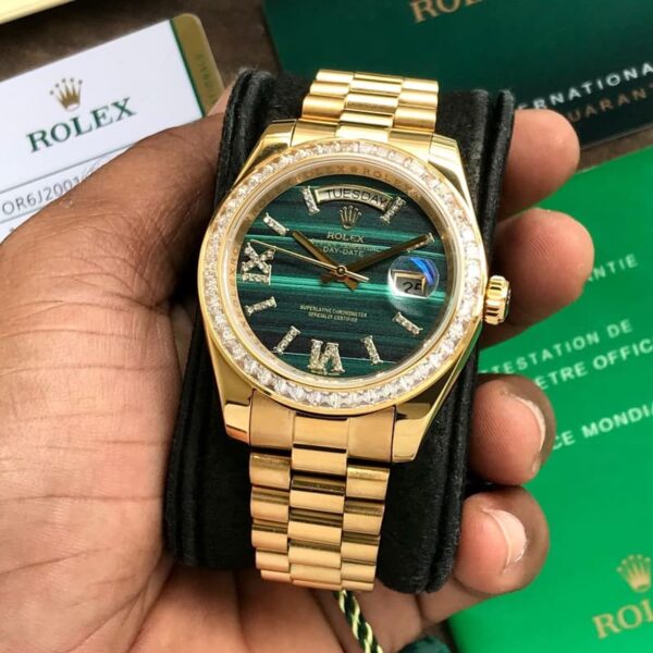 Exclusive Rolex Day Date Golden Green Dial & Diamond Basel Japanese Automatic Watch