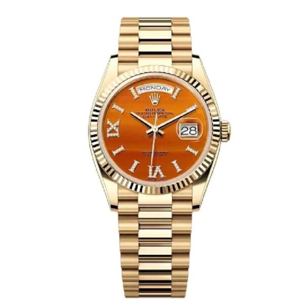 Rolex Day-Date President Yellow Gold Carnelian Orange Diamond Roman Dial Japanese Automatic Men’s Watch - Image 2