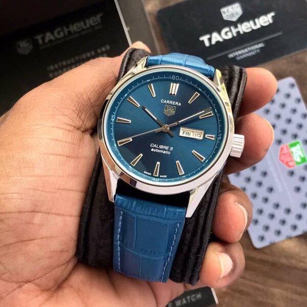 Tag Heuer Grand Carrera Calibre 5 Day Date Blue Dial & Blue Leather Strap Swiss Japanese Automatic Machinery Mens Watch