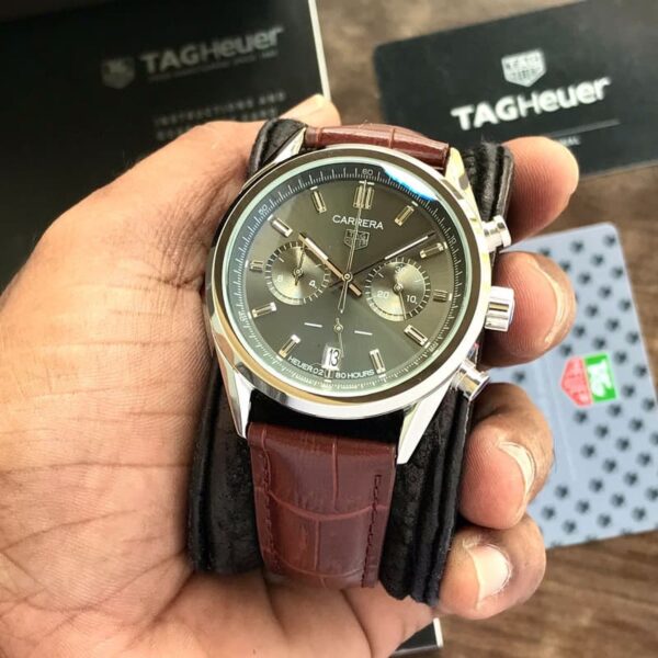 Tag Heuer Carrera Japanese Machinery Grey Dial & Brown Leather Strap Master Quality Mens Watch