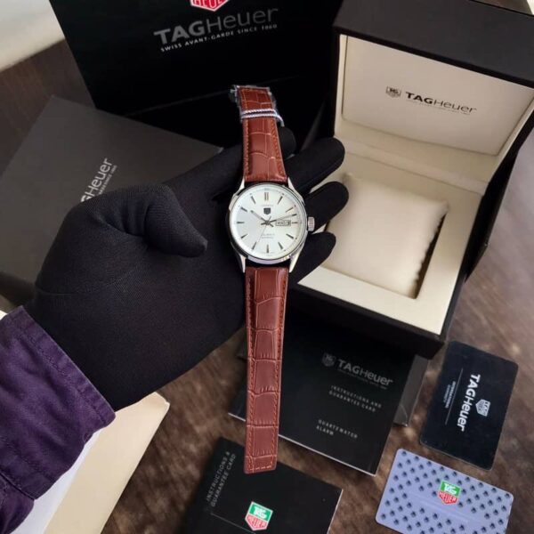 Tag Heuer Grand Carrera Calibre 5 Day Date White & Silver Dial & Brown Leather Strap Swiss Japanese Automatic Machinery Mens Watch - Image 5