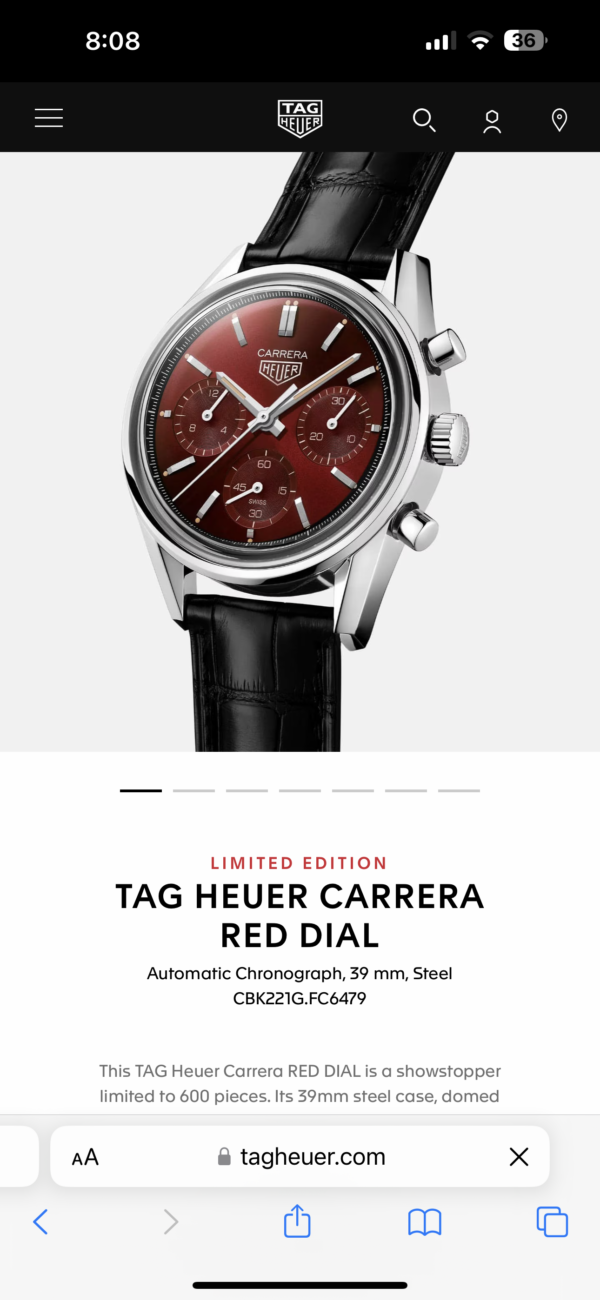 Tag Heuer Grand Carrera Red Dial & Black Leather Strap Japanese Master Quality Men’s Watch - Image 2