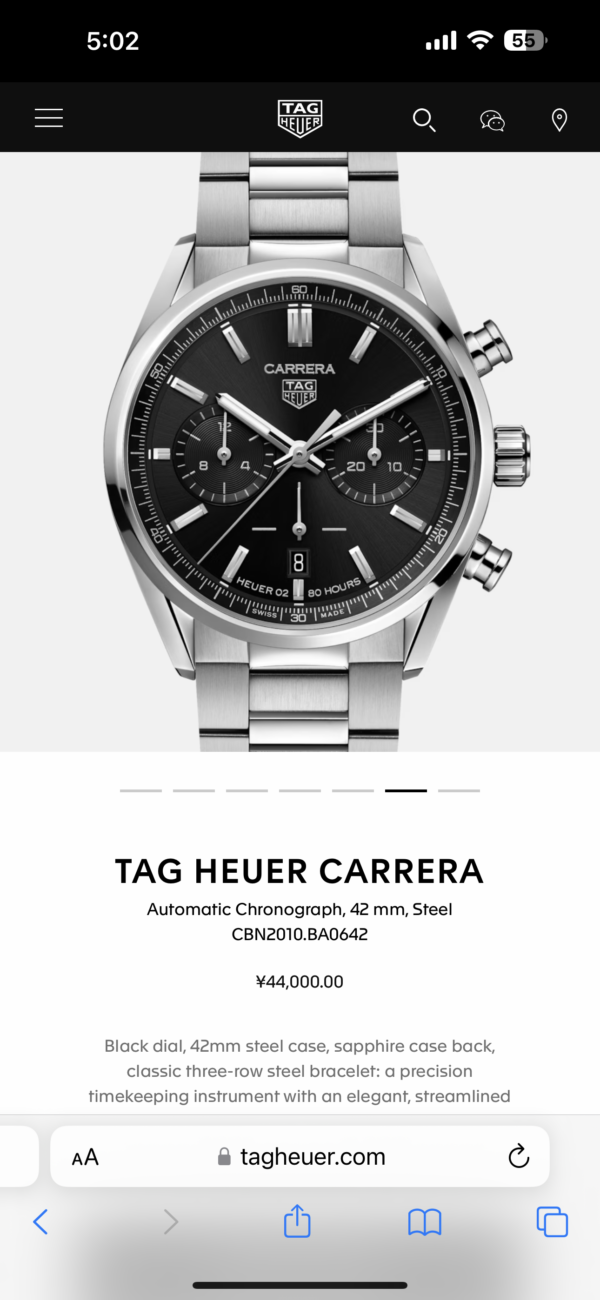 Tag Heuer Grand Carrera Black Dial & Stainless Steel Strap Japanese Master Quality Men’s Watch - Image 2