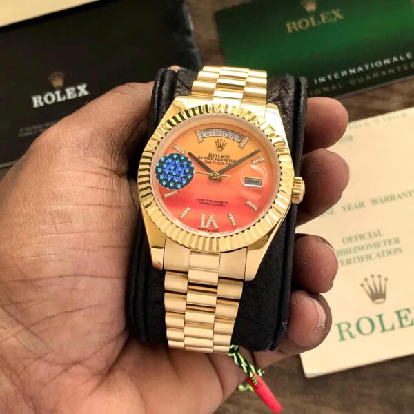 Rolex Day-Date President Yellow Gold Carnelian Orange Diamond Roman Dial Japanese Automatic Men’s Watch