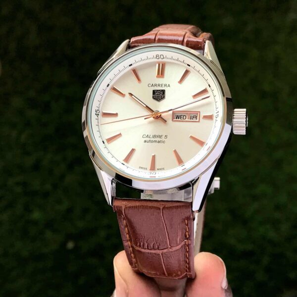 Tag Heuer Grand Carrera Calibre 5 Day Date White Copper Dial & Brown Leather Strap Swiss Japanese Automatic Machinery Mens Watch - Image 3