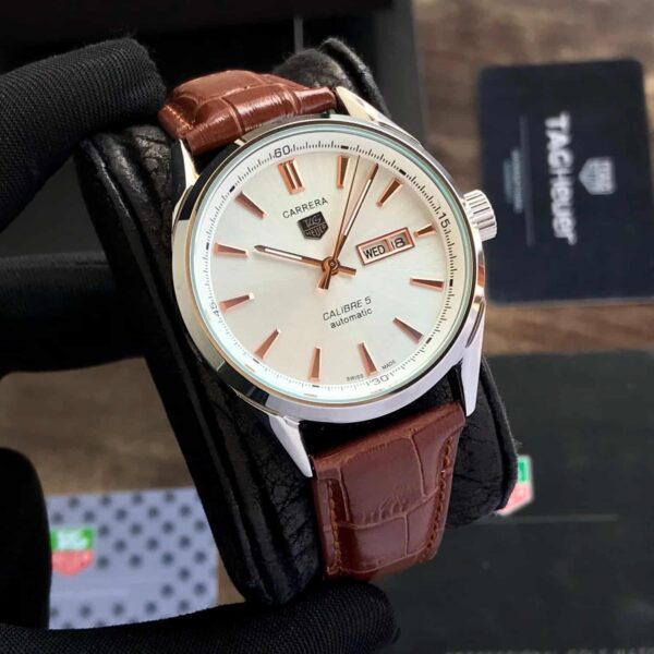 Tag Heuer Grand Carrera Calibre 5 Day Date White Copper Dial & Brown Leather Strap Swiss Japanese Automatic Machinery Mens Watch - Image 6