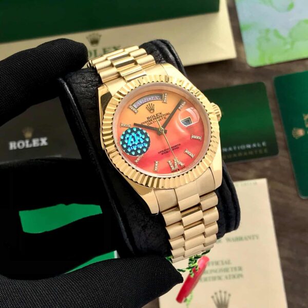 Rolex Day-Date President Yellow Gold Carnelian Orange Diamond Roman Dial Japanese Automatic Men’s Watch - Image 4