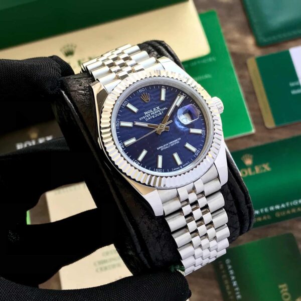 Rolex Date Just 41 Blue Motif Index Dial Fluted Bezel Jubilee Stainless Steel & Japanese Master Quality Mens Watch - Image 6