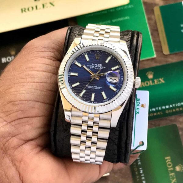 Rolex Date Just 41 Blue Motif Index Dial Fluted Bezel Jubilee Stainless Steel & Japanese Master Quality Mens Watch