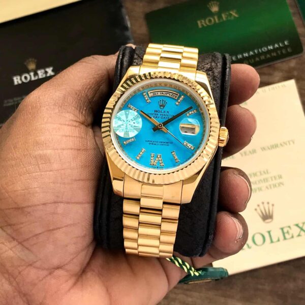 Rolex Day Date 40 Gold Tone Blue Dial Japanese Automatic Mens Watch