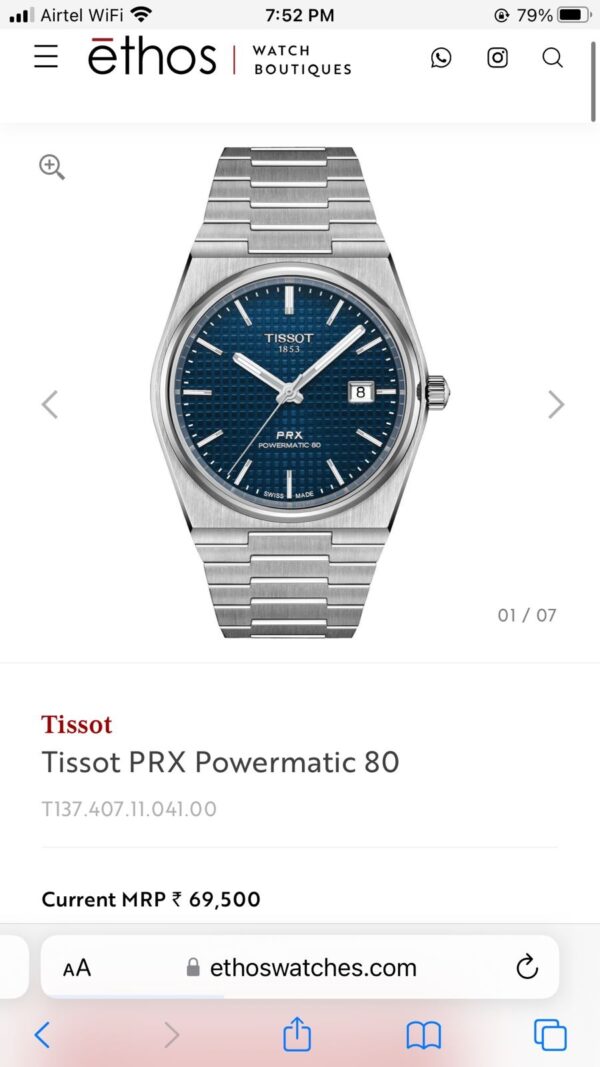 Tissot PRX Powermatic Japanese Stainless Steel Blue Dial Men’s Watch - Image 2