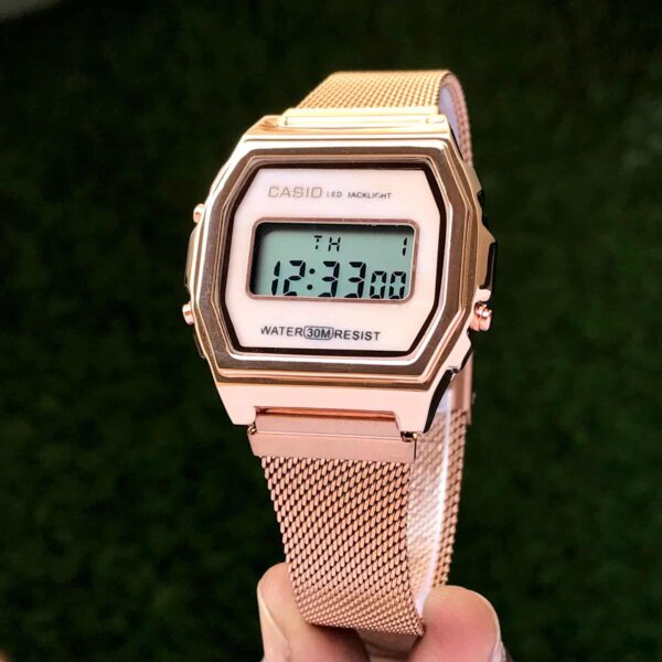 Casio Vintage Rosegold White A700WM-7ADF Digital Dial Stainless Steel Mesh Band - Image 2