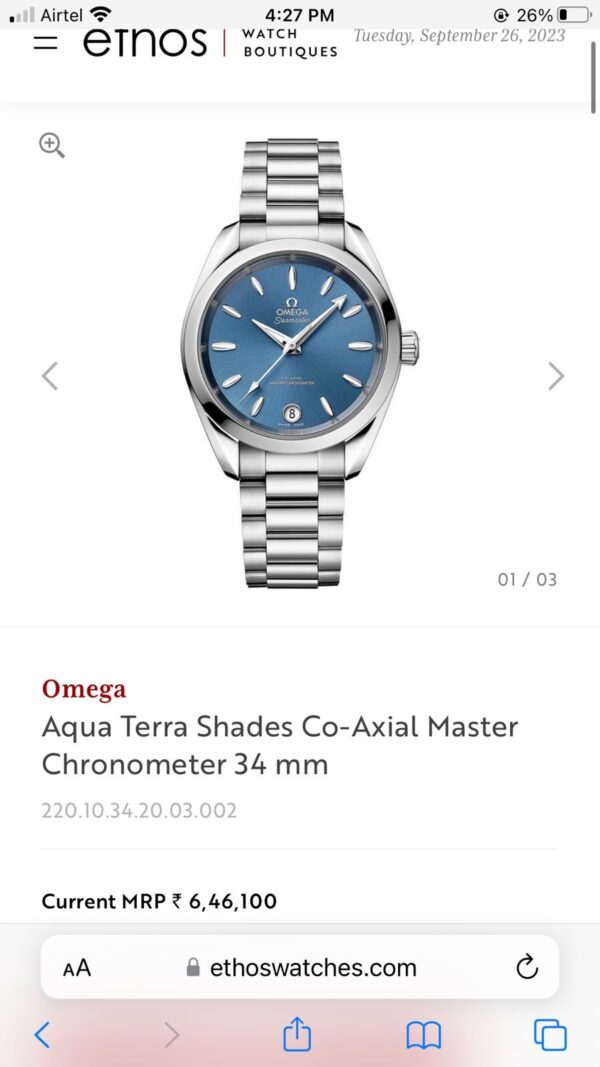 Omega Aqua Terra Shades Co-Axial Master Chronometer Silver Blue 34 mm Women’s Watch - Image 2