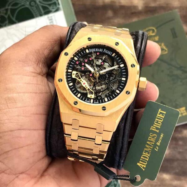 Audemars Piguet Royal Oak Double Balance Wheel Open worked Full Gold Skeleton Dial Automatic Mens Watch