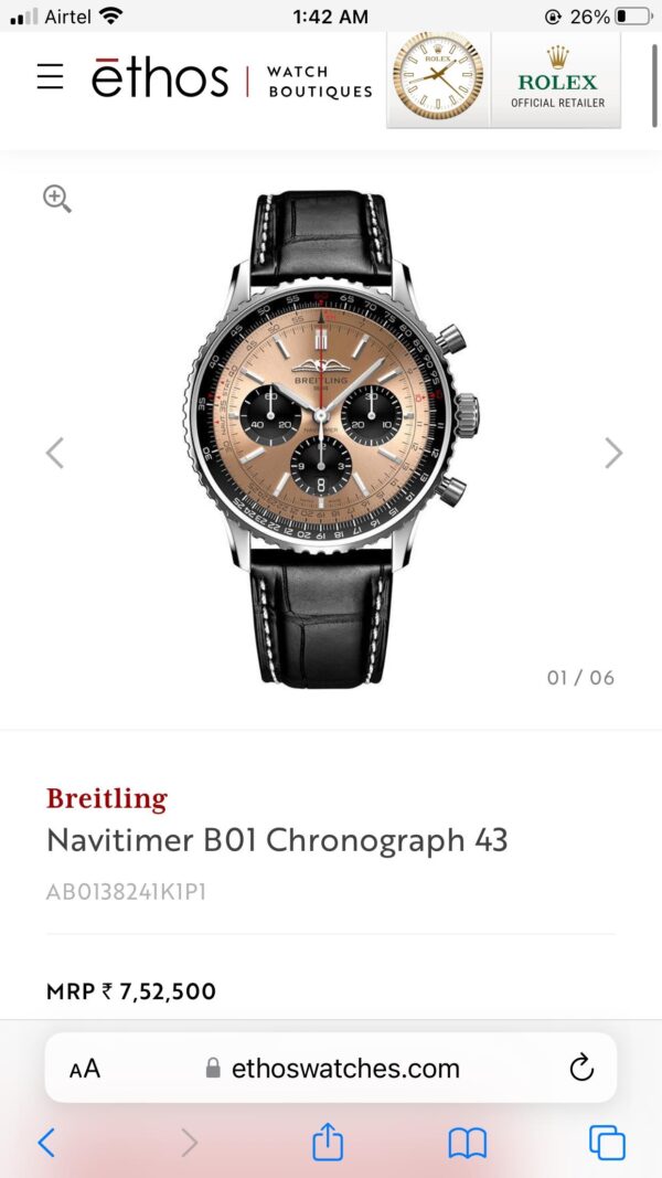 Breitling Navitimer B01 Chronograph Brown Dial Black Leather Strap Men’s Watch - Image 2