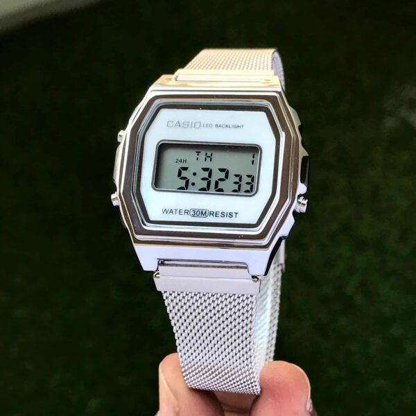 Casio Vintage Silver White Dial A700WM-7ADF Digital Dial Stainless Steel Mesh Band - Image 2