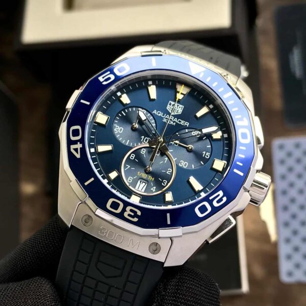 Tag Heuer Aquaracer Chronograph Blue Dial & Black Rubber Strap Quartz Mens Watch - Image 7