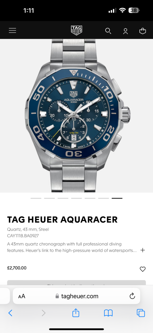 Tag Heuer Aquaracer Chronograph Cay111B 100% Authentic Quality - Image 2