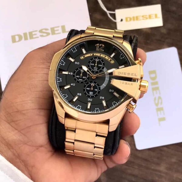 Diesel Mega Chief Full Gold & Black Dial Chronograph Mens Watch