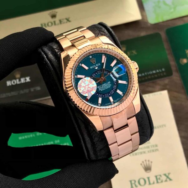 Rolex SkyDweller Rose Gold Blue Dial Oyster Chain Automatic Mens Watch