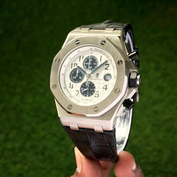 Audemars Piguet Off Shore Chronograph’s Black Leather Strap White Dial Mens Watch - Image 2