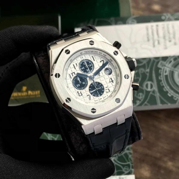 Audemars Piguet Off Shore Chronograph’s Black Leather Strap White Dial Mens Watch - Image 3