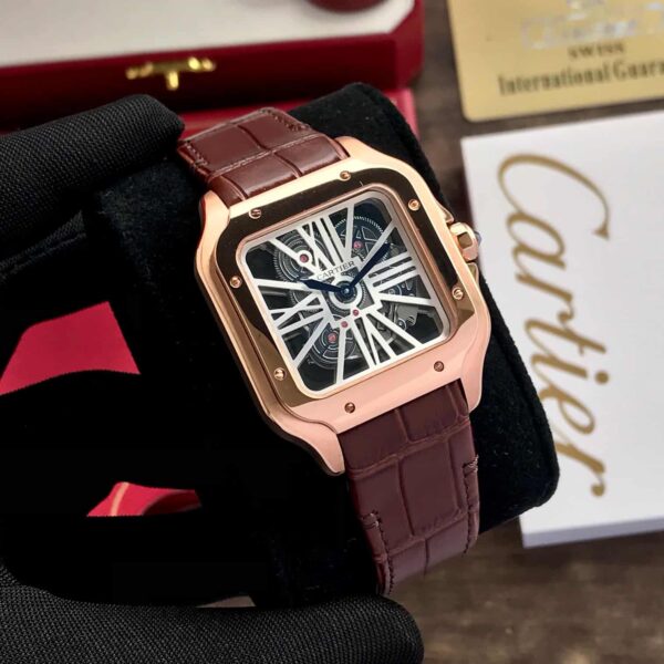 Cartier Santos De Skeleton Brown Leather Strap Automatic Mens Watch - Image 3