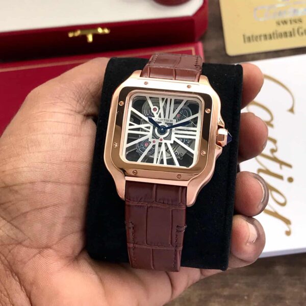 Cartier Santos De Skeleton Brown Leather Strap Automatic Mens Watch