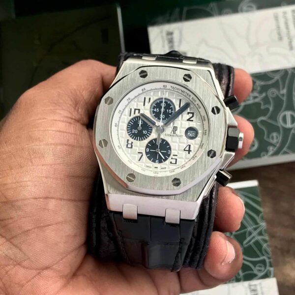 Audemars Piguet Off Shore Chronograph’s Black Leather Strap White Dial Mens Watch