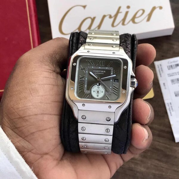 Cartier De Santos Stainless Steel Grey Dial Dual Time Premium Automatic Men’s Watch