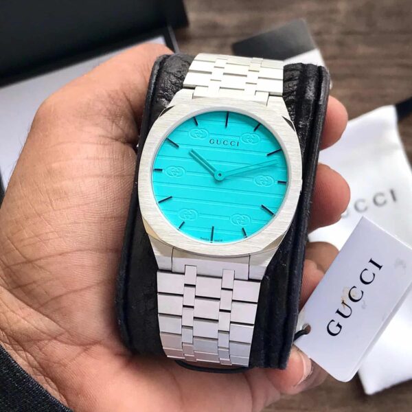 GUCCI 25H 38mm Stainless Steel Quartz Ocean Blue Dial Mens Watch