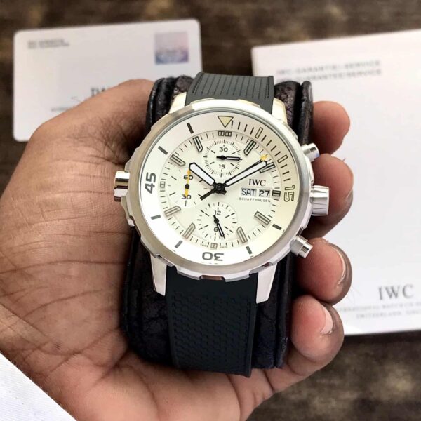 IWC Aquatimer Chronograph’s Day Date White Dial Black Belt Mens Watch