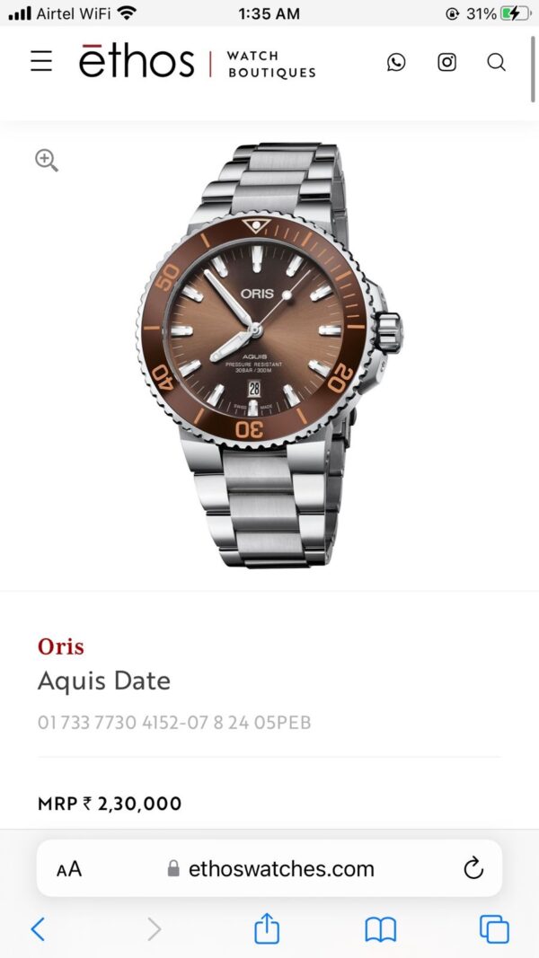 Oris Aquis Date Authentic Automatic Silver Brown Dial Men's Watch - Image 2