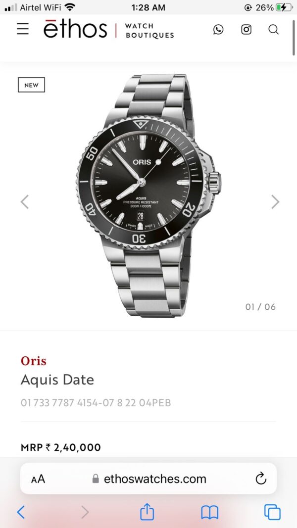 Oris Aquis Date Authentic Automatic Silver Black Dial Men's Watch - Image 2