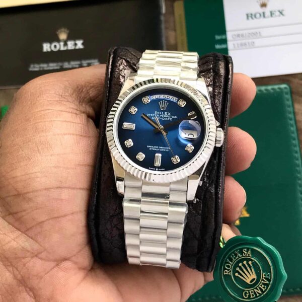 Rolex Day Date 36mm Silver Blue Swiss ETA Watch - Image 4