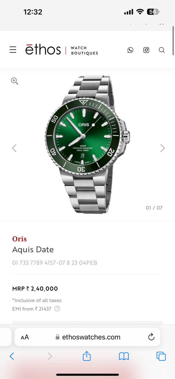 Oris Aquis Date Authentic Silver Green Dial Automatic Mens Watch - Image 2