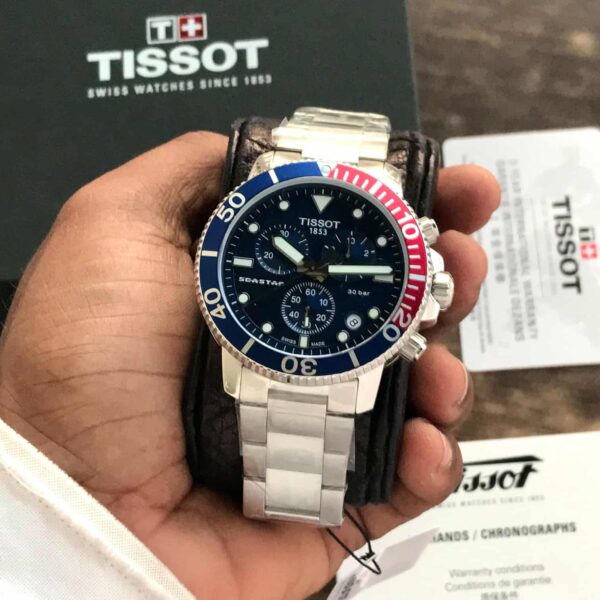 Tissot Seastar 1000 Chronograph Blue Dial Red Bazel Stainless Steel Chain Quartz Movement Men’s Watch - Image 3