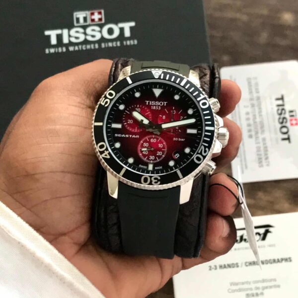 Tissot Seastar 1000 Chronograph’s Burgundy Dial Black Fiber Belt 100% Authentic Mens Watch - Image 4