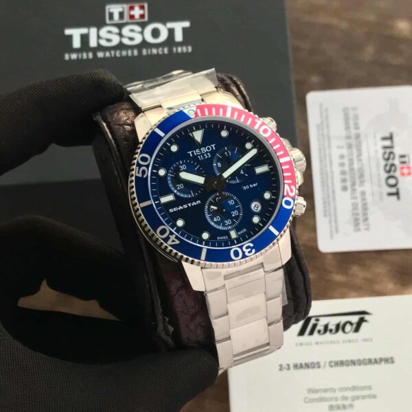 Tissot Seastar 1000 Chronograph Blue Dial Red Bazel Stainless Steel Chain Quartz Movement Men’s Watch