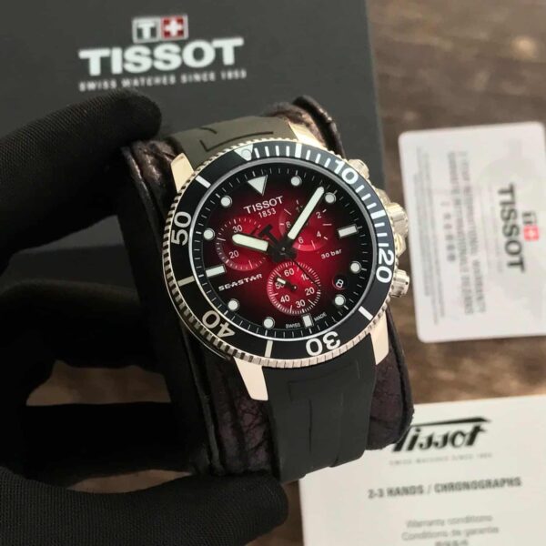 Tissot Seastar 1000 Chronograph’s Burgundy Dial Black Fiber Belt 100% Authentic Mens Watch