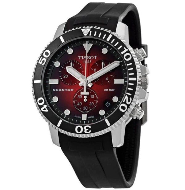 Tissot Seastar 1000 Chronograph’s Burgundy Dial Black Fiber Belt 100% Authentic Mens Watch - Image 3