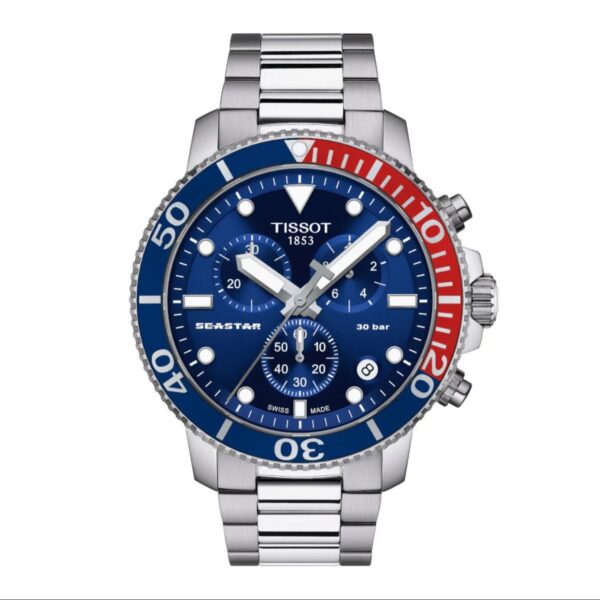 Tissot Seastar 1000 Chronograph Blue Dial Red Bazel Stainless Steel Chain Quartz Movement Men’s Watch - Image 2