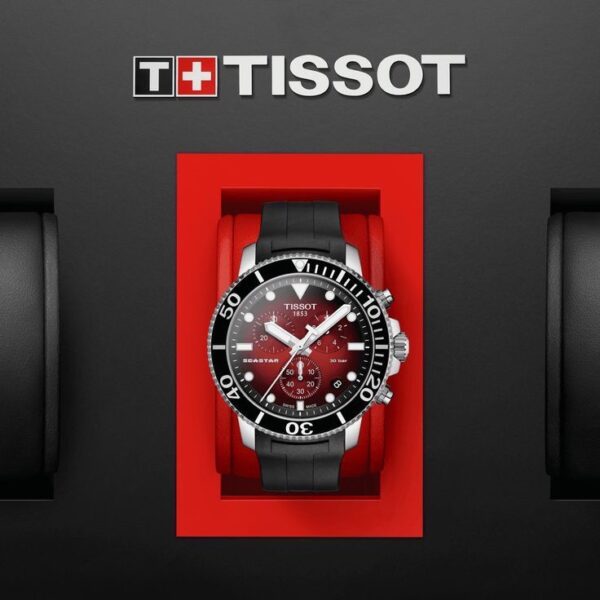 Tissot Seastar 1000 Chronograph’s Burgundy Dial Black Fiber Belt 100% Authentic Mens Watch - Image 7