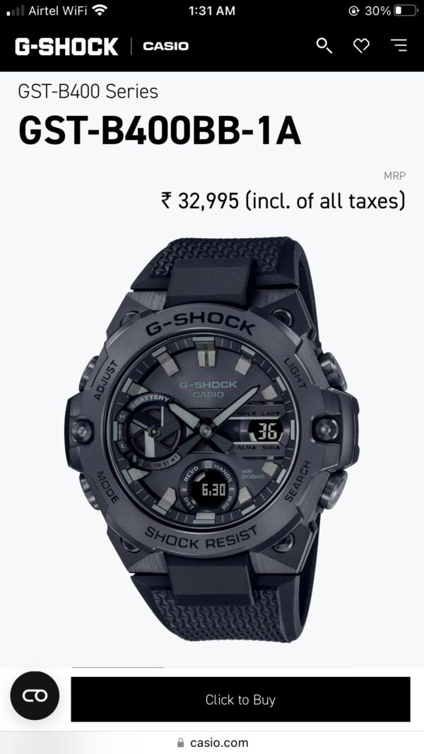 Casio Gshock B-400 Round Full Black Mens Watch - Image 4