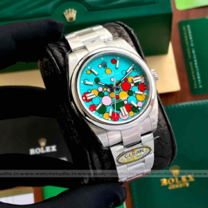 Rolex Oyster Perpetual “Bubbles” 41 Turquoise Blue Celebration Motif Dial Swiss ETA Automatic Movement