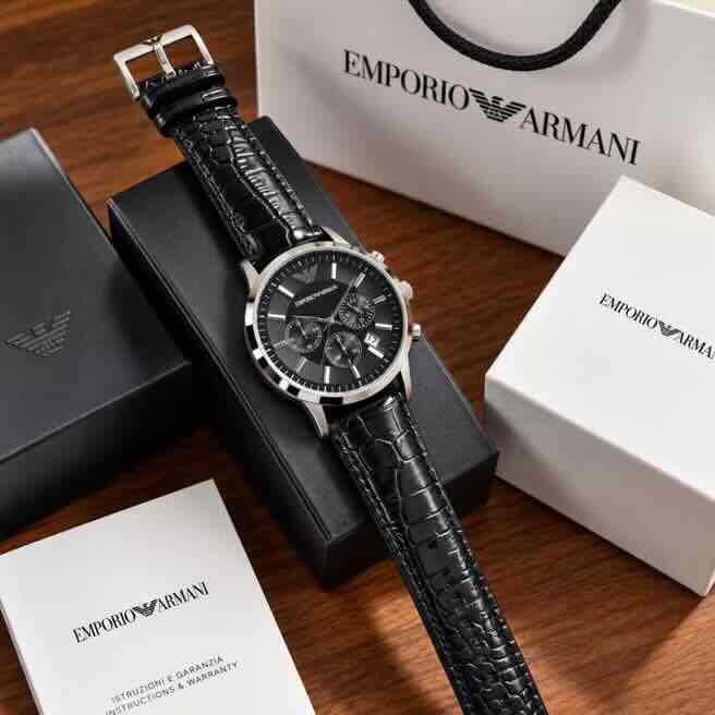 Emporio Armani Renato Chronograph Black Dial 40mm Quartz Leather Strap Men’s Watch Emporio Armani Renato Chronograph Black Dial 40mm Quartz Leather Strap Men’s Watch - Image 6